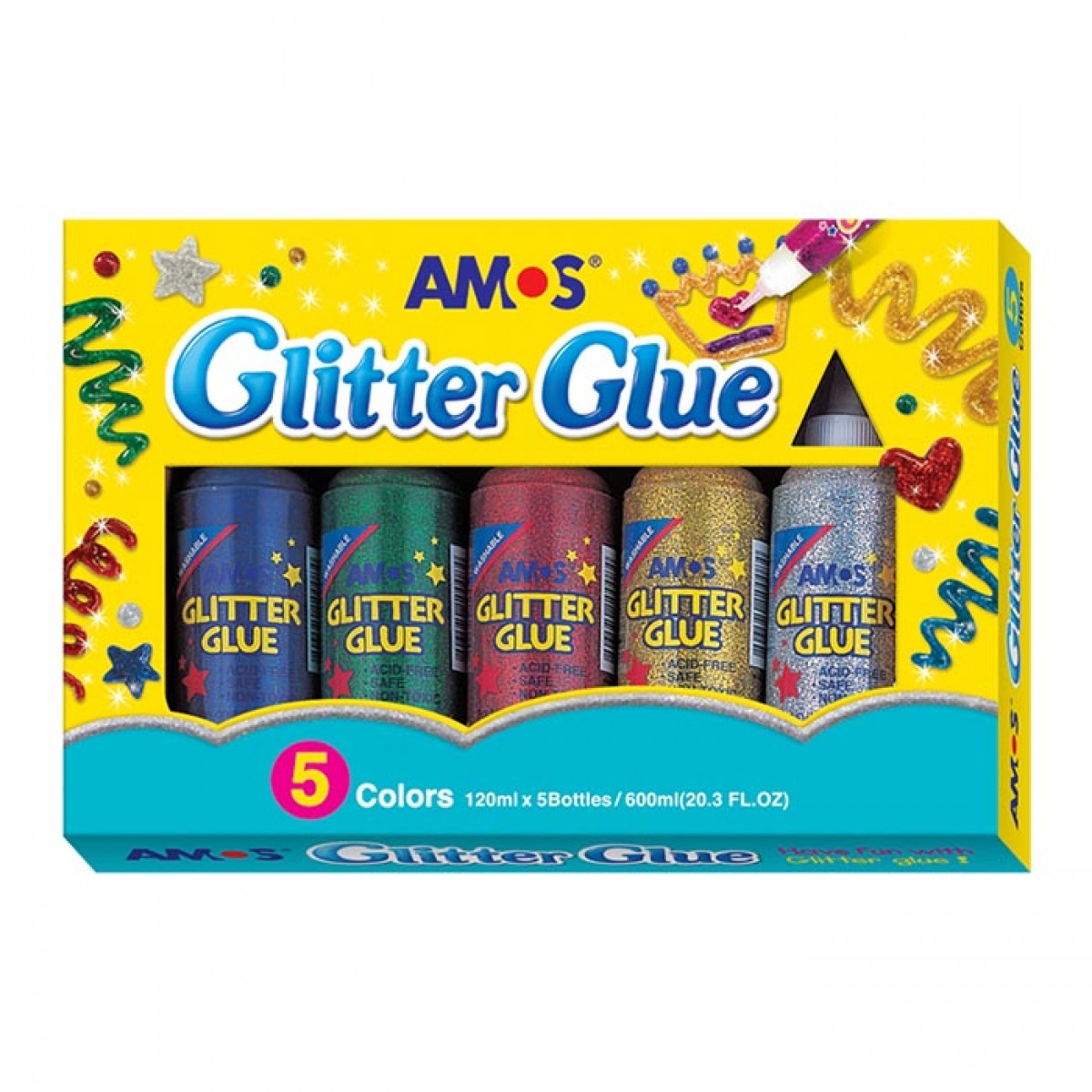 Amos Glitter Glue Χρυσόκολλα Μπουκάλι 120ml (5 Τεμ.) Είδη Ζωγραφικής